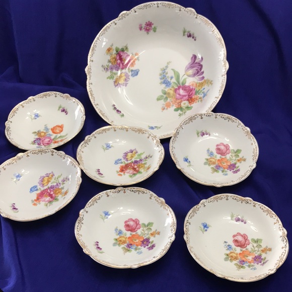 Vintage Bavaria Empress Dresden Flowers Berry Bowl Set (7 piece set) - Picture 7 of 16